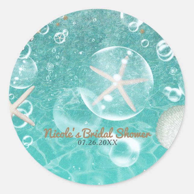 Teal Enchanted Sea Starfish & Bubbles Party Favour Classic Round Sticker (Front)
