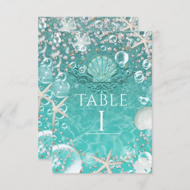 Teal Enchanted Sea Starfish & Bubbles Table Number (Front/Back)