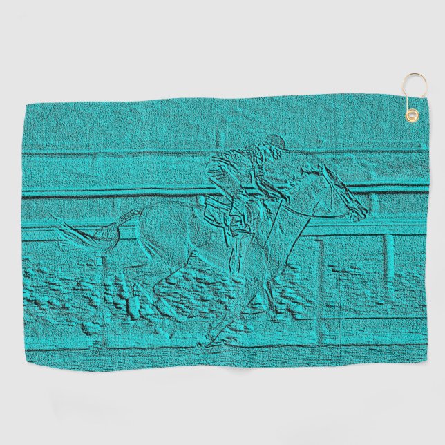 Teal Etched Look Horse Racing Silhouette Golf Towel (Horizontal)