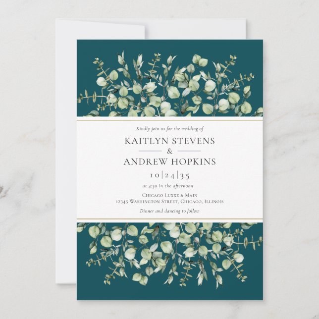 Teal Eucalyptus All In One Wedding Invitation (Front)