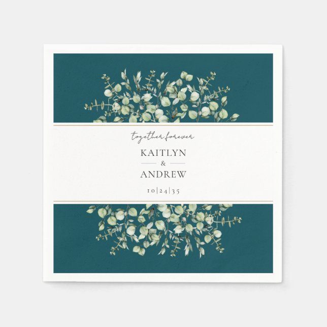 Teal Eucalyptus Together Forever Wedding  Napkin (Front)