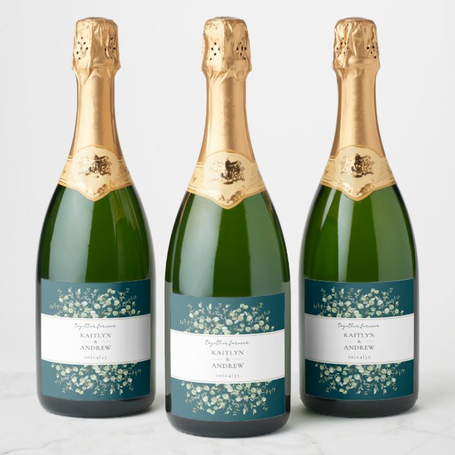 Teal Eucalyptus Together Forever Wedding  Sparkling Wine Label (Bottles)