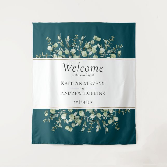 Teal Eucalyptus Wedding Welcome  Tapestry (Front)