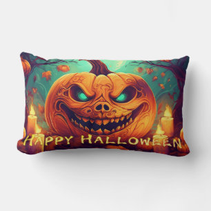 Teal-Eyed Pumpkin Candles Full Moon Halloween Lumbar Cushion
