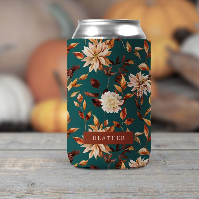 Teal Fall Can Cooler (Teal Fall Leaves Floral Personalized Can Cooler by Painted Paperie
)