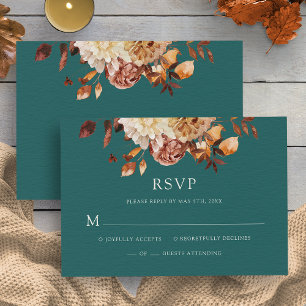 Teal Fall Copper Floral Wedding RSVP Card