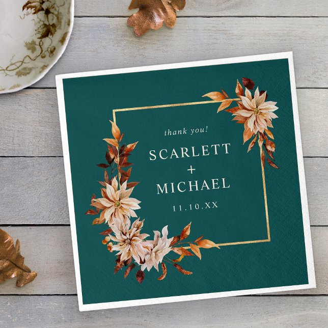 Teal Fall Leaves Napkins (Elegant Copper Teal Fall Leaves Floral Napkins by Painted Paperie
)