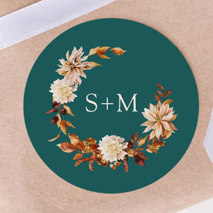 Teal Fall Monogram Floral Wreath Envelope Seal
