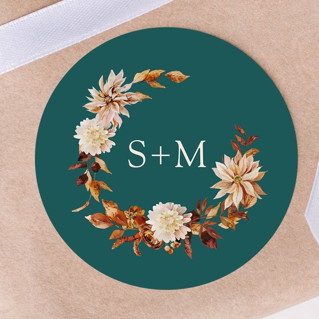 Teal Fall Monogram Floral Wreath Envelope Seal (Teal Fall Monogram Floral Wreath Envelope Seal by Painted Paperie
)