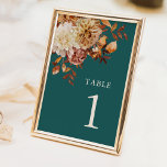 Teal Fall Table Number<br><div class="desc">Teal Fall Table Number. Guide your guests with style using table numbers designed to blend seamlessly with your autumn aesthetic. Each card is adorned with the signature watercolor leaves in terracotta and burnt orange, paired with beige dahlias and coppery roses, all set against a deep teal background. Elegant and functional,...</div>