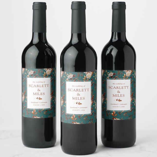 Teal Fall Terracotta Foliage Wedding Favour Wine Label (Teal Fall Terracotta Foliage Wedding Favor Wine Label by Painted Paperie
)