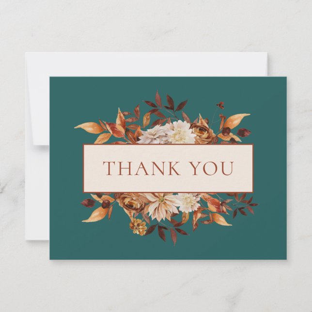 Teal Fall Terracotta Leaves Floral Thank You Card (Front)