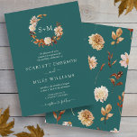 Teal Fall Terracotta Monogram Wreath Wedding Invitation<br><div class="desc">Teal Fall Terracotta Monogram Wreath Wedding Invitation. This elegant and rustic wedding invitation features hand-painted watercolor burnt orange and terracotta leaves, cream and beige dahlias, and beautiful rust-coloured roses perfect for a fall or autumn wedding! The back of the invite has a beautiful leaf and floral pattern on a teal...</div>