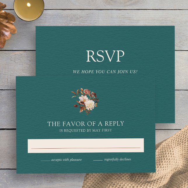 Teal Fall Terracotta Watercolor Floral Wedding RSVP Card (Teal Fall Terracotta Watercolor Floral Wedding RSVP Card
by Painted Paperie)