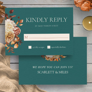 Teal Fall Terracotta Watercolor Floral Wedding RSVP Card