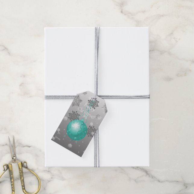 Teal Fancy Christmas Ornament Gift Tag (With Twine)
