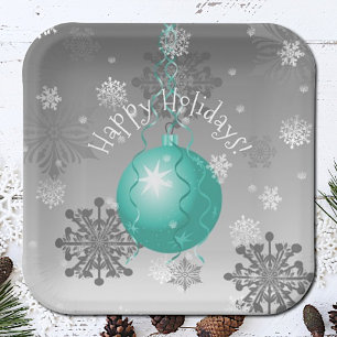 Teal Fancy Christmas Ornament Paper Plate