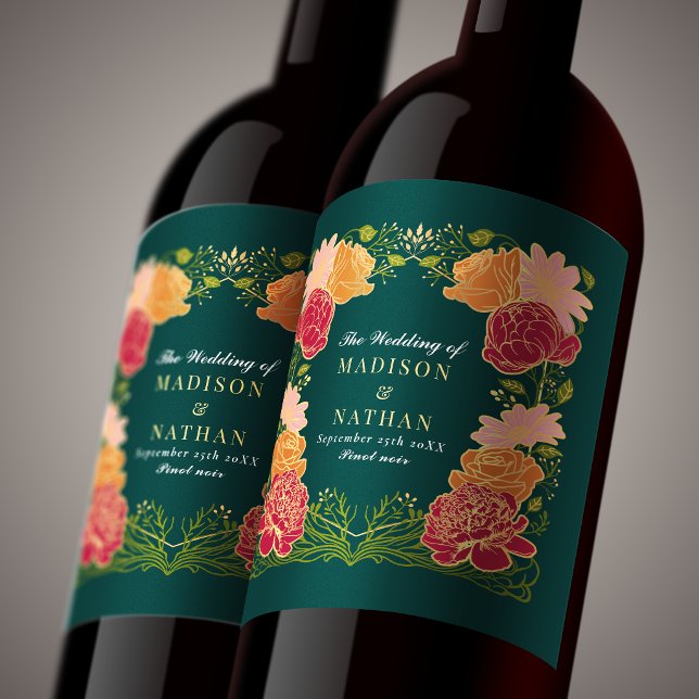 Teal Fantasy Enchanted Floral Garden Wedding  Wine Label (Creator Uploaded)