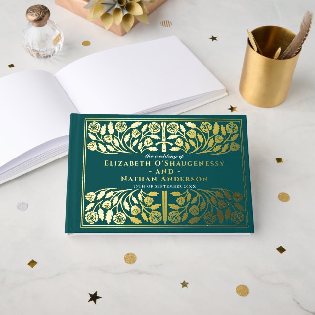 Teal Fantasy Royal Mediaeval Sword Wedding Guest Book (Front Open)