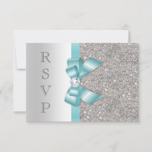 Teal Faux Bow Silver Diamonds RSVP Card (Front)