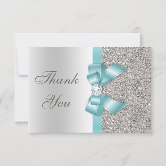 Teal Faux Bow Silver Diamonds Thank You (Front)