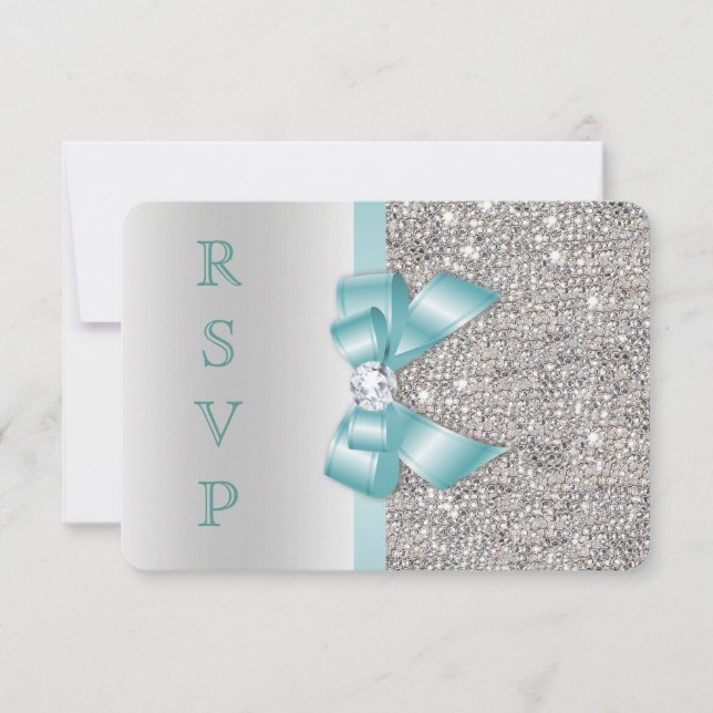 Teal Faux Bow Silver Sequins Diamond RSVP Invitation (Front)