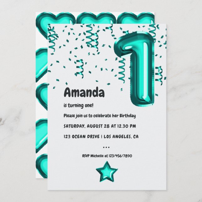 Teal Faux Foil Balloon 1st Birthday Party Invitation (Front/Back)