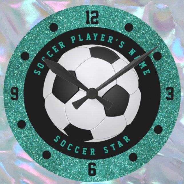 Teal Faux Glitter Boys Soccer Ball Football  Round Clock (Creator Uploaded)