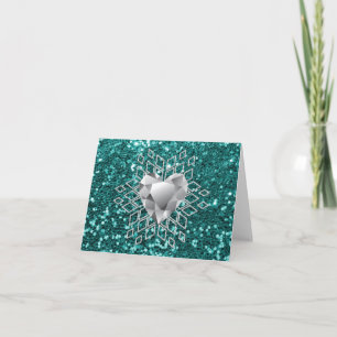 Teal Faux Glitter Diamond Heart Snowflake Holiday Card