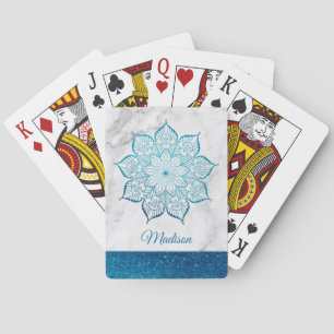 Teal Faux Glitter Mandala on White Marble Playing Cards