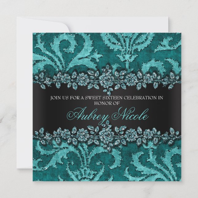Teal Faux Glitter & Velvet Floral Sweet Sixteen Invitation (Front)