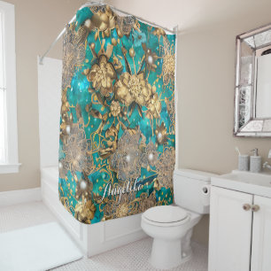 Teal Faux Gold Glitter Abstract Flowers Custom Shower Curtain