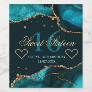 Teal & Faux Gold Glitter Agate Sweet 16  Wine Label