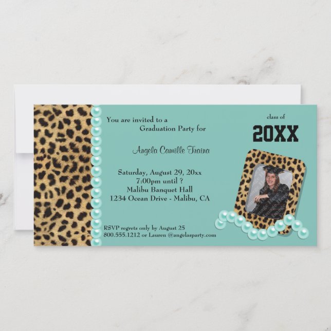 Teal Faux Leopard And Matching Pearls Invitation (Front)