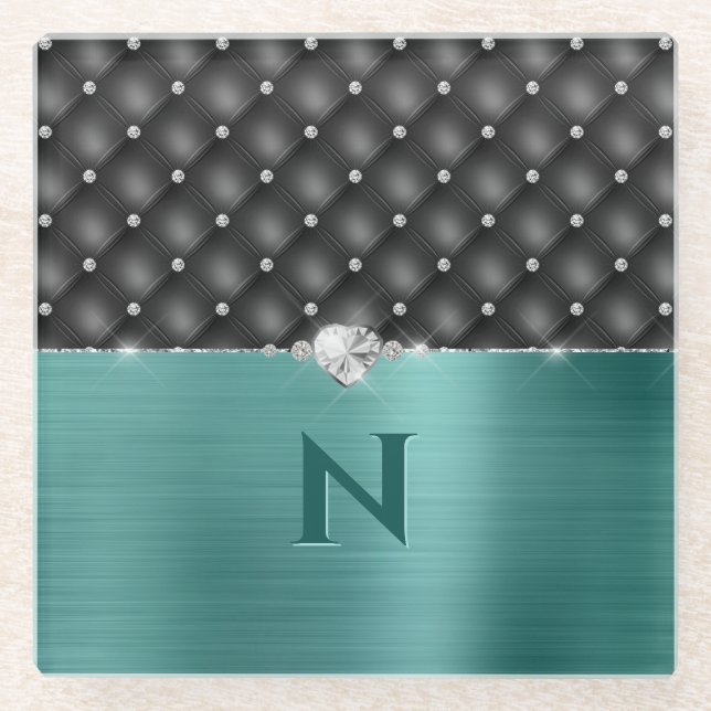 Teal Faux Metal Glam Upholstery and Monogram Glass Coaster (Front)