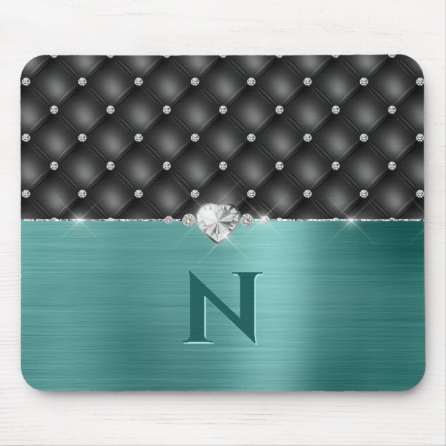 Teal Faux Metal Glam Upholstery and Monogram Mouse Pad (Front)