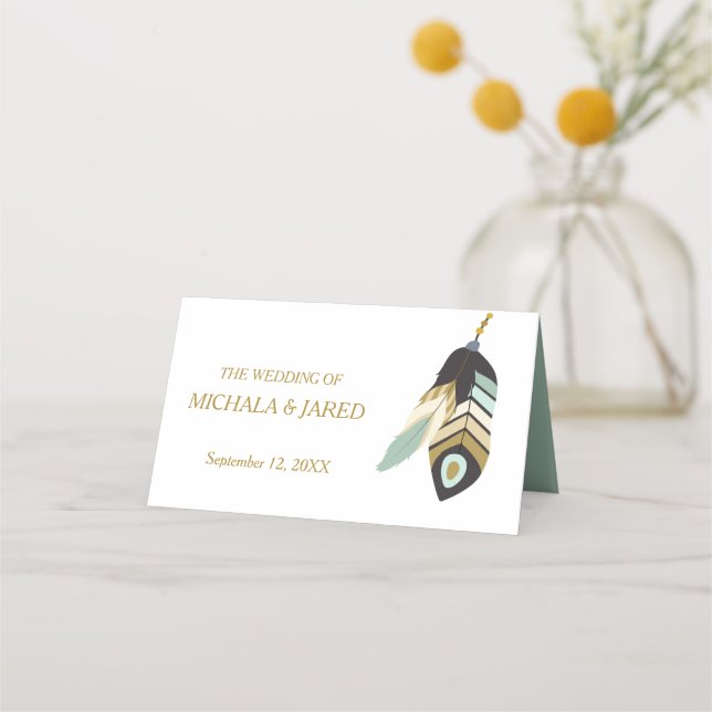 Teal Feather Arrow Wedding Place Card (Back)