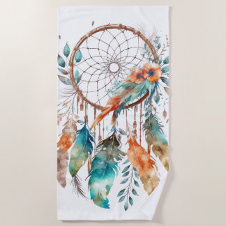 Teal Feather Flower Watercolor Dreamcatcher Beach Towel