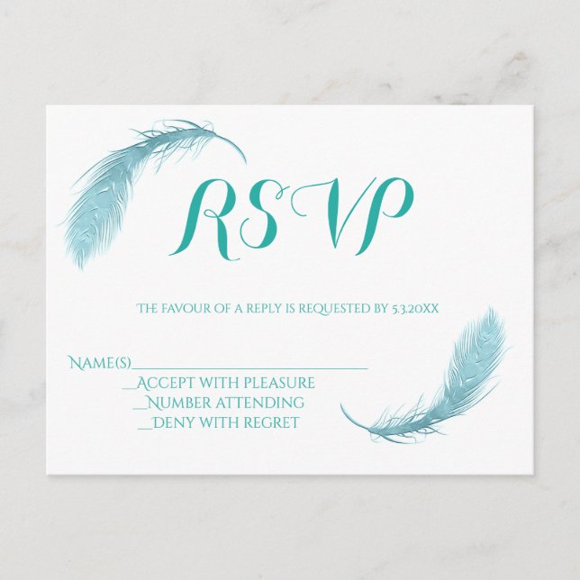 Teal feather wedding RSVP cards (Front)
