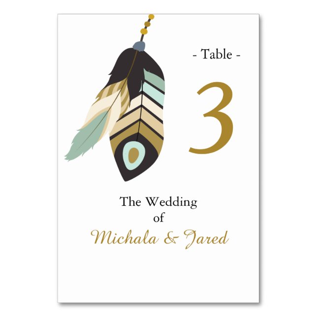 Teal Feather Wedding Table Number (Front)