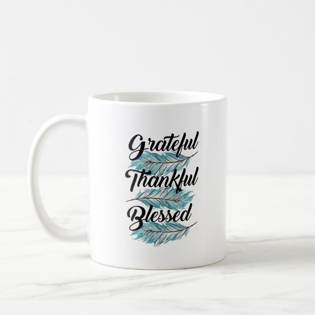 teal feathers grateful thankful blessed pilow coffee mug (Left)
