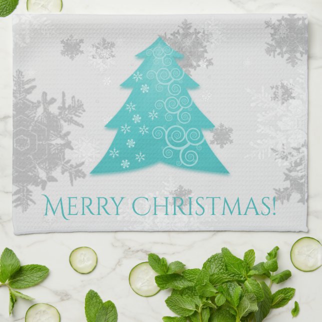 Teal Festive Christmas Tree Kitchen Towel (Folded)