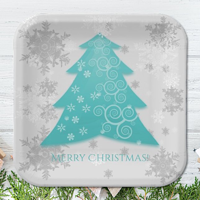 Teal Festive Christmas Tree Paper Plate (Teal Festive Christmas Tree Paper Plates)
