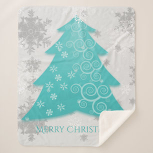 Teal Festive Christmas Tree Sherpa Blanket