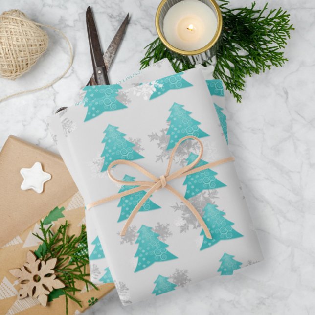 Teal Festive Christmas Tree Wrapping Paper (Teal Festive Christmas Tree Wrapping Paper Sheets)