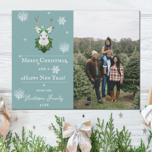 Teal Festive Reindeer Holiday Photo Card