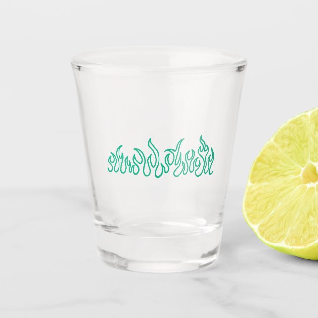 Teal Fire Flames Blaze Outline Shot Glass (Front)
