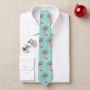 Teal Flamingo In Santa Hat with Palm Tree & Lights Tie