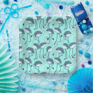 Teal Flamingo Pattern– Tropical Minimalist Paper Plate