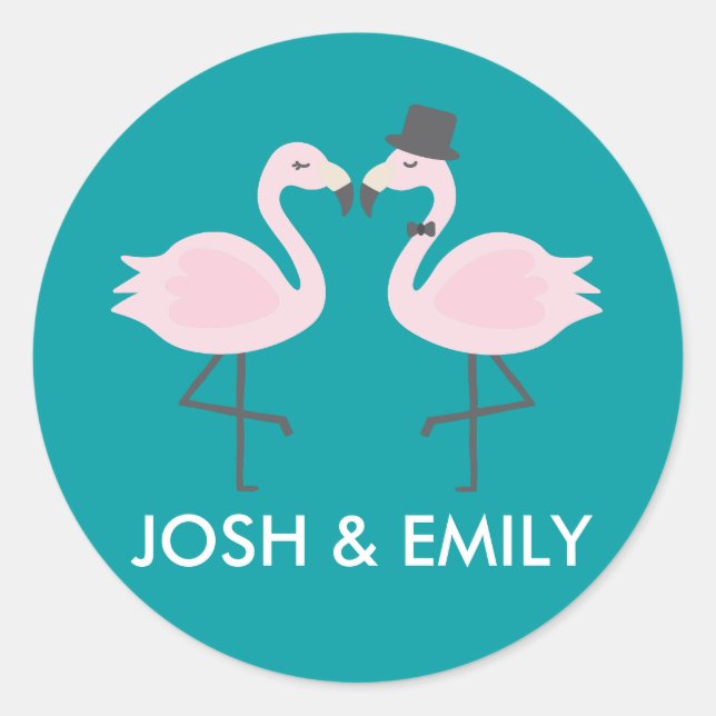 Teal Flamingo Wedding Bride & Groom Pair Classic Round Sticker (Front)
